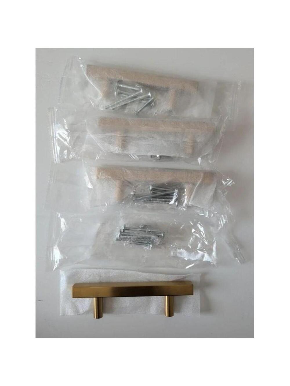 Set of 4 Modern Brushed Brass T-Bar Cabinet Pulls 5 Inch Total Length New